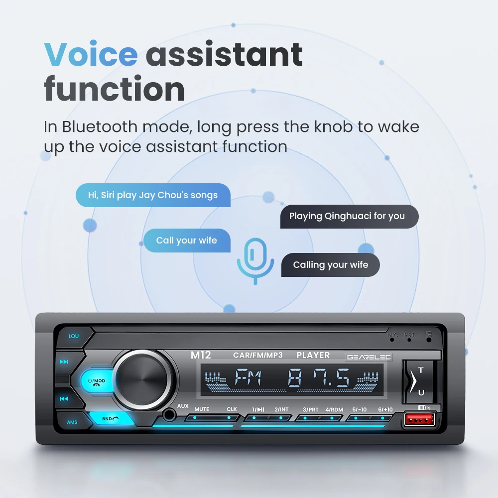Autoradio universel FM, Bluetooth, lecteur MP3, lumières colorées, assistant vocal, encastrable dans le tableau de bord, 1 DIN