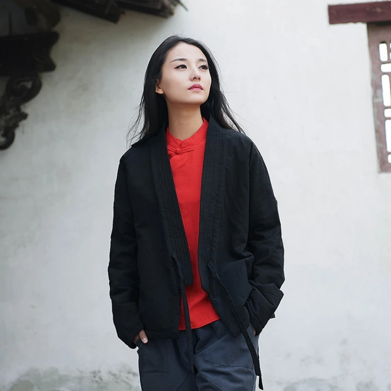 

Yasuk Winter Retro Casual Women Soft Loose Tees Gentle Lace-up Robe Coat Warm Thick Laminated Cotton Chinese Style Pocket