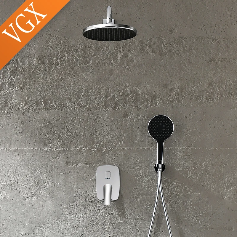 VGX Gold Concealed Shower System Bathroom Shower Faucet Set Embedded Cartridge Faucet Rainfall Shower Mixer Crane Grey Chrome 3