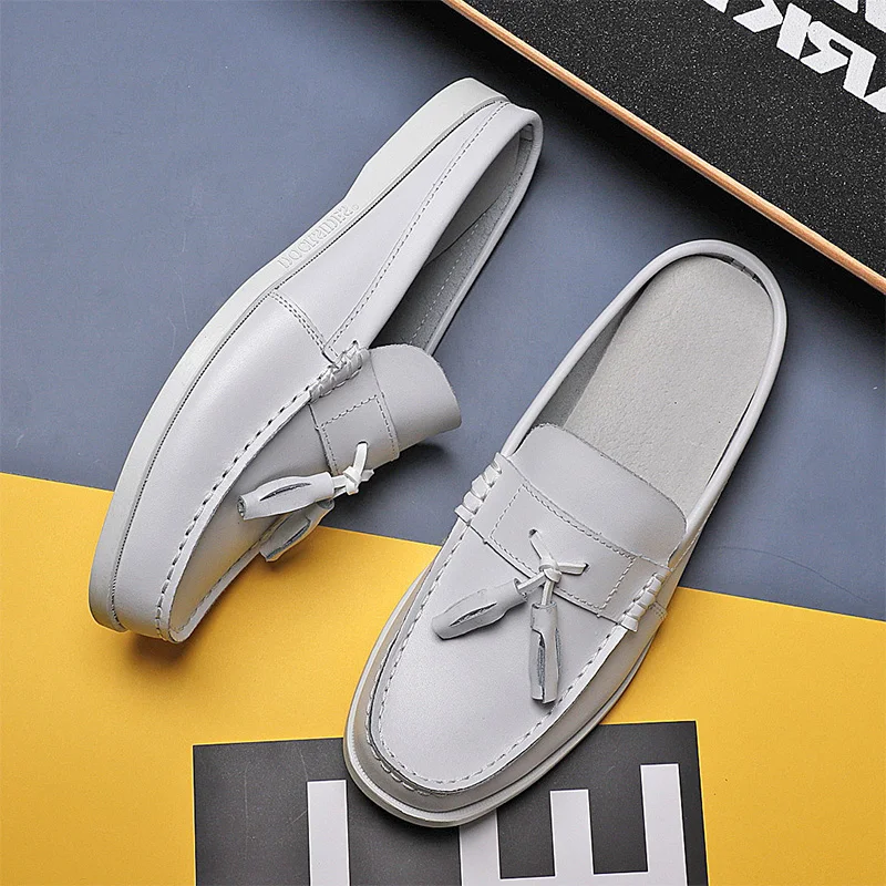 Mens Casual PU Leather Classic Boat Shoes Loafers Shoes Handmade Shoes High Quality Half Slipper Flats Lazy Shoes Muller Shoes
