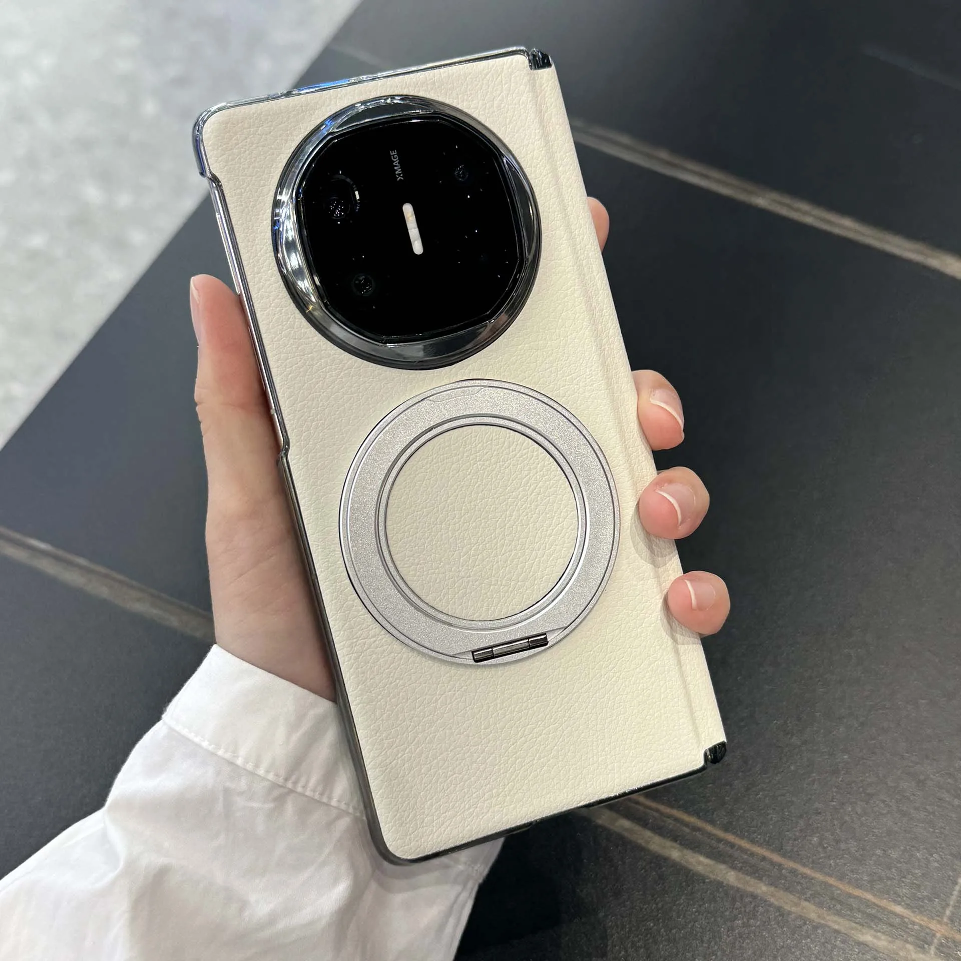 Electroplated Matte Leather Magnetic Ring Holder Case with Folding Hinge Cover