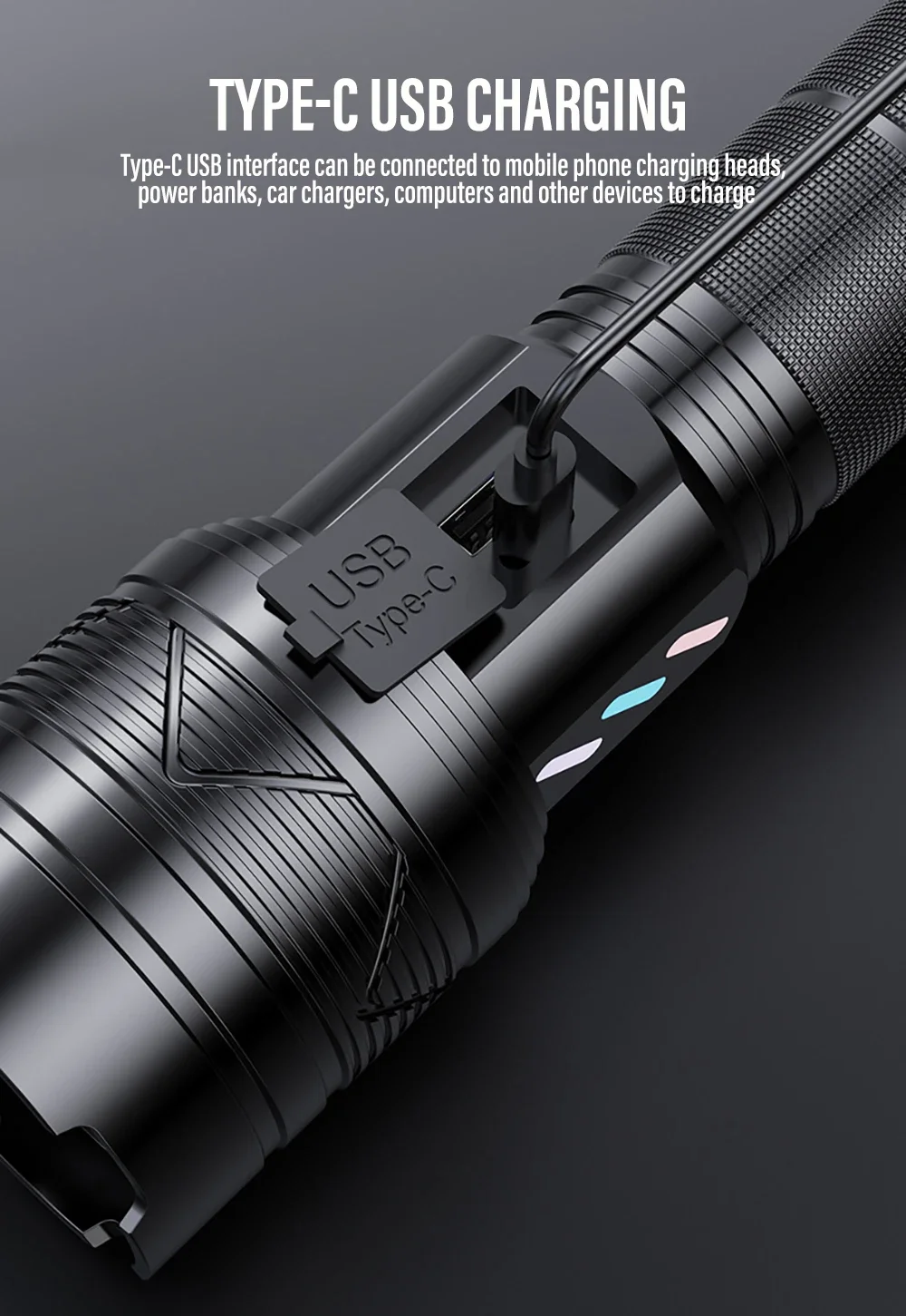 Description Picture 5 of item10000LM Super Bright LED Flashlight USB Charging 26650 Lithium Battery Outdoor Telescopic Zoom Torch Lantern With Power Display