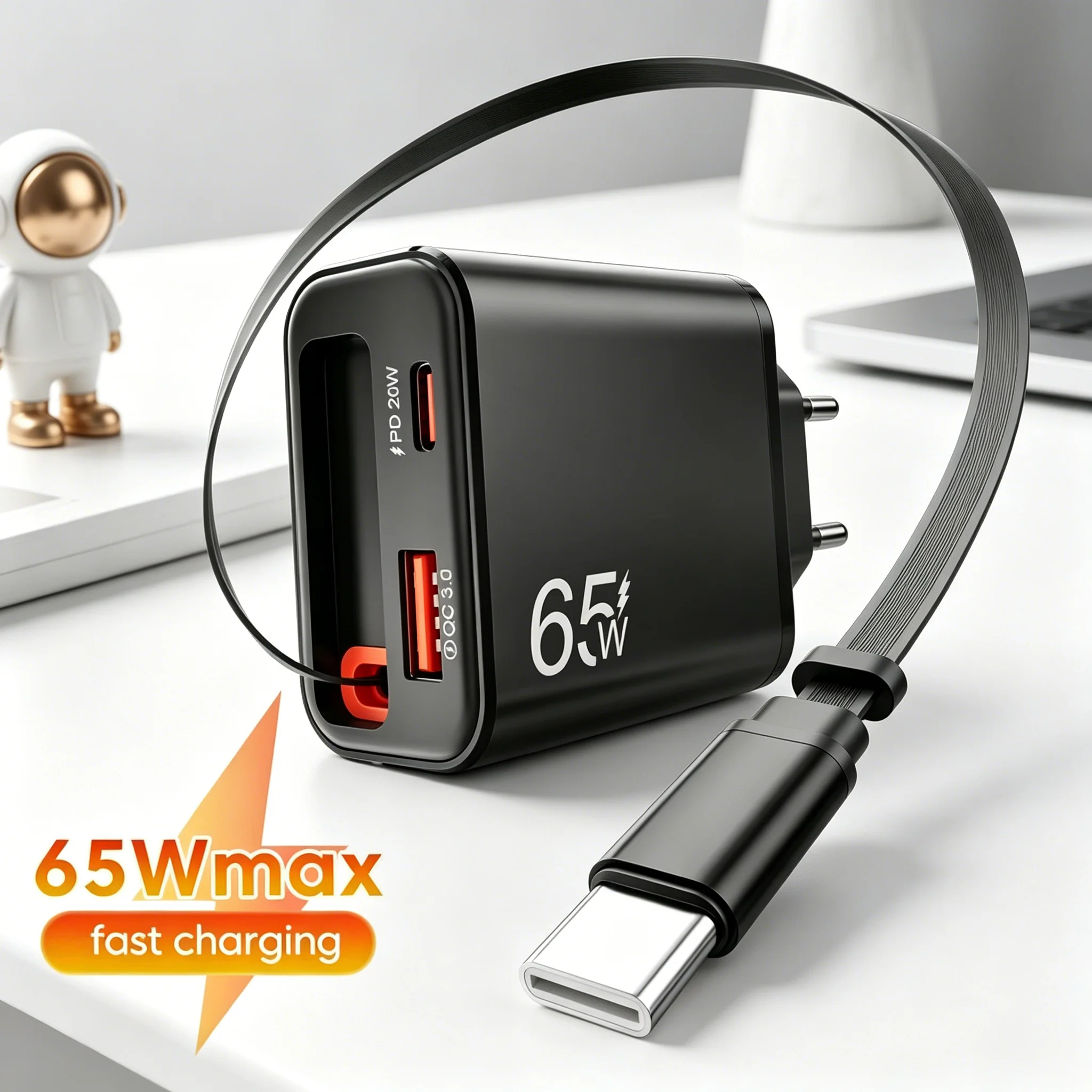 65W USB Phone Charger With Retractable Super Fast Charging Type C Cable For iPhone 17 16 POCO Xiaomi QC 3.0 USB PD Wall Charger 1 65W USB Phone Charger With Retractable Super Fast Charging Type C Cable For iPhone 17 16 POCO Xiaomi QC 3.0 USB PD Wall Charger 1