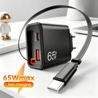 65W USB Phone Charger With Retractable Super Fast Charging Type C Cable For iPhone 17 16 POCO Xiaomi QC 3.0 USB PD Wall Charger 1