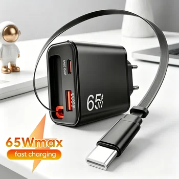 Caricatore USB da 65W per Telefono con Cavo Retrattile Super Veloce Tipo C per iPhone 17 16 POCO Xiaomi QC 3.0 USB PD Caricatore da Muro