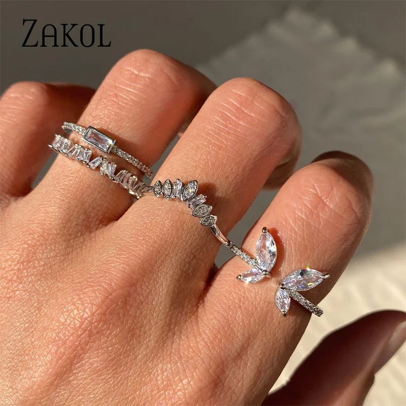 ZAKOL Shiny Butterfly Zircon Rings for Women Girls Korean Minimalist Wedding Ring Adjustable Silver Color Jewelry