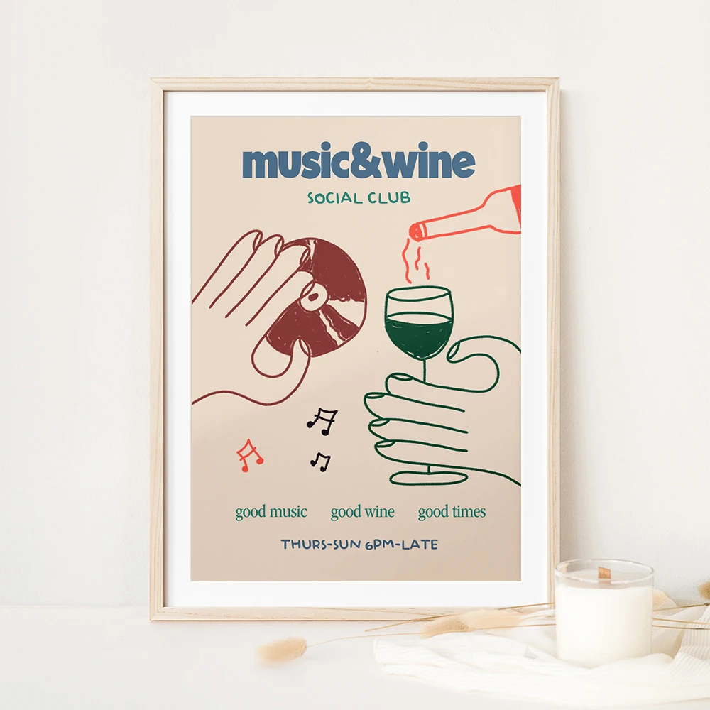 Music Wine Poster Funny Retro Hand Cd Line Drawing Canvas Painting Social Club Print Nordic Wall Pictures For Kitchen Home Decor