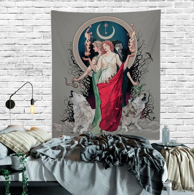 Hecate Red Dress Moon Goddess Art Hecate Tapestry Moon and Wolves Tapestry Witchy Art Black and White Gothic