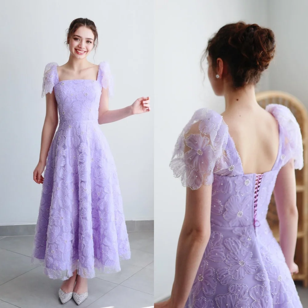 

Ball Dress Evening Saudi Arabia Lace Flower Beading Ruched Cocktail Party A-line Square Neck Bespoke Occasion Gown Midi Dresses
