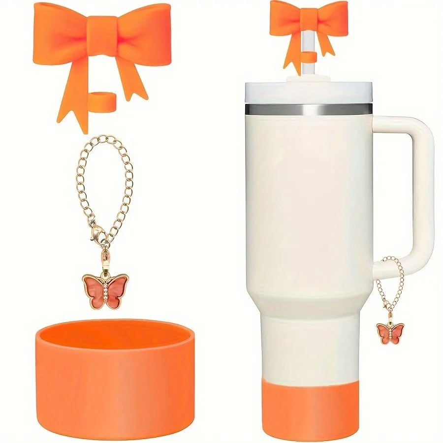 Set of 3 Cute Reusable Silicone Bow Straw Cap Covers and Water Bottle Protective Boots