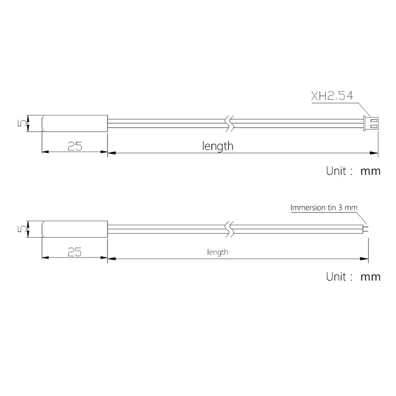 10pcs 온도 센서 5X25MM 방수 온도 프로브 10K 5K 50K 100K B3950 Long10CM 주석 XH2.54 Pulg NTC 서미스터