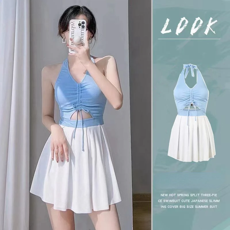 

Wisuwear корейский плавательный костюм без рукавов для девочек молочно-голубого цвета на завязках для женщин; Новинка 2023 года; Сезон лето; Модный Универсальный обтягивающий купальник
