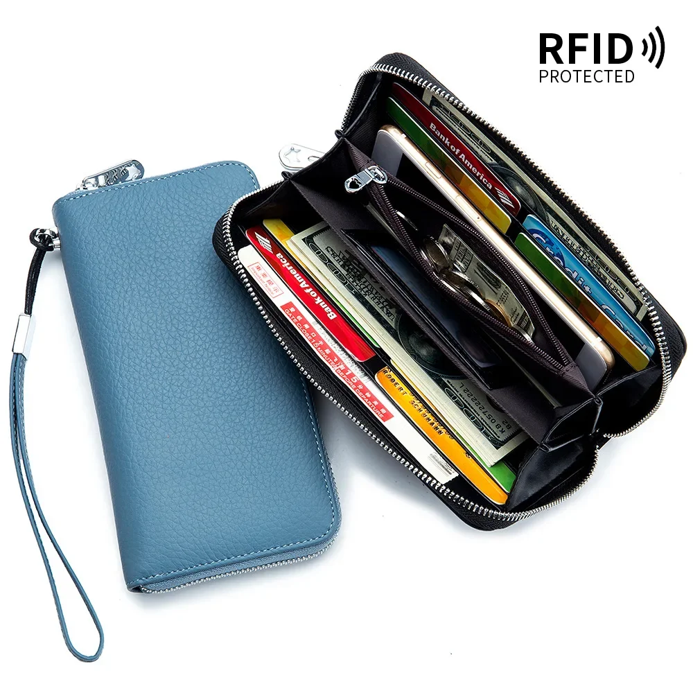 

Женский Длинный кошелек из натуральной кожи, клатч с RFID-защитой, однотонный держатель для карт из воловьей кожи, бумажники с ремешком на руку