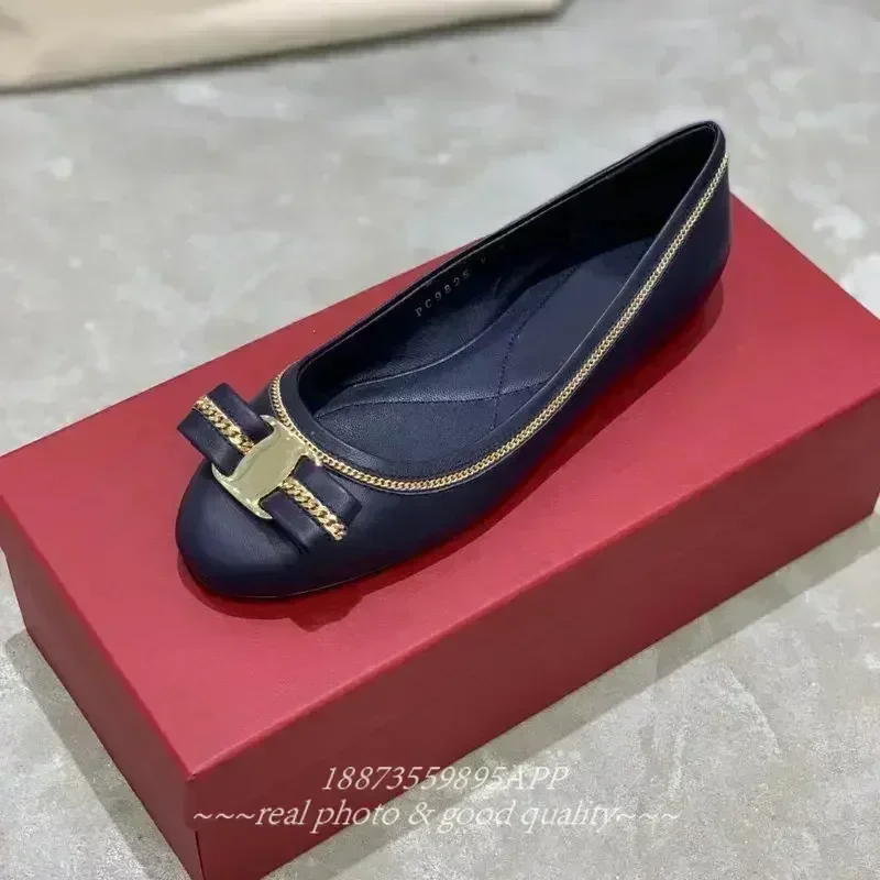 Top quality soft suede round head chain bow women's flat 3cm chunky heels elegant women's office work shoes 3