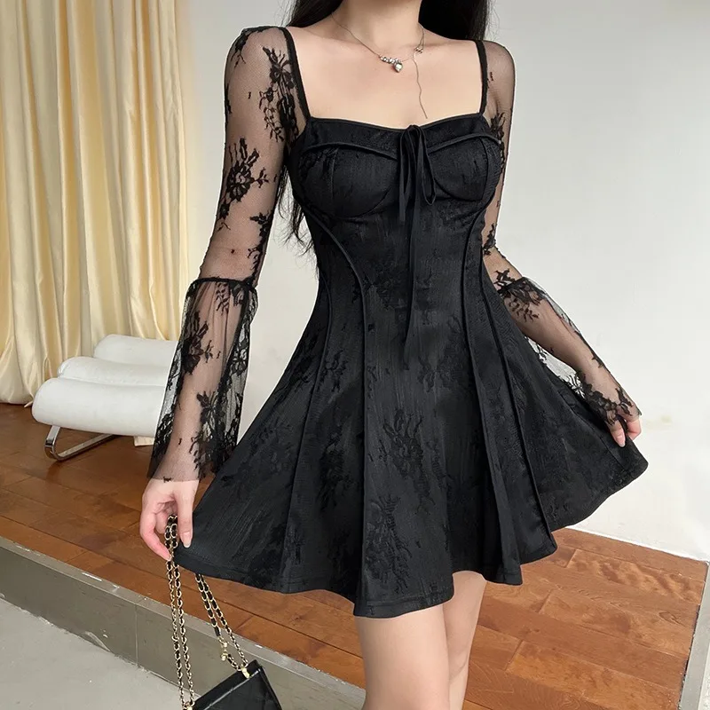 

The New Lace Dress in Autumn Is and Fashionable with A Strappy Flared Long Sleeve Women's Dress