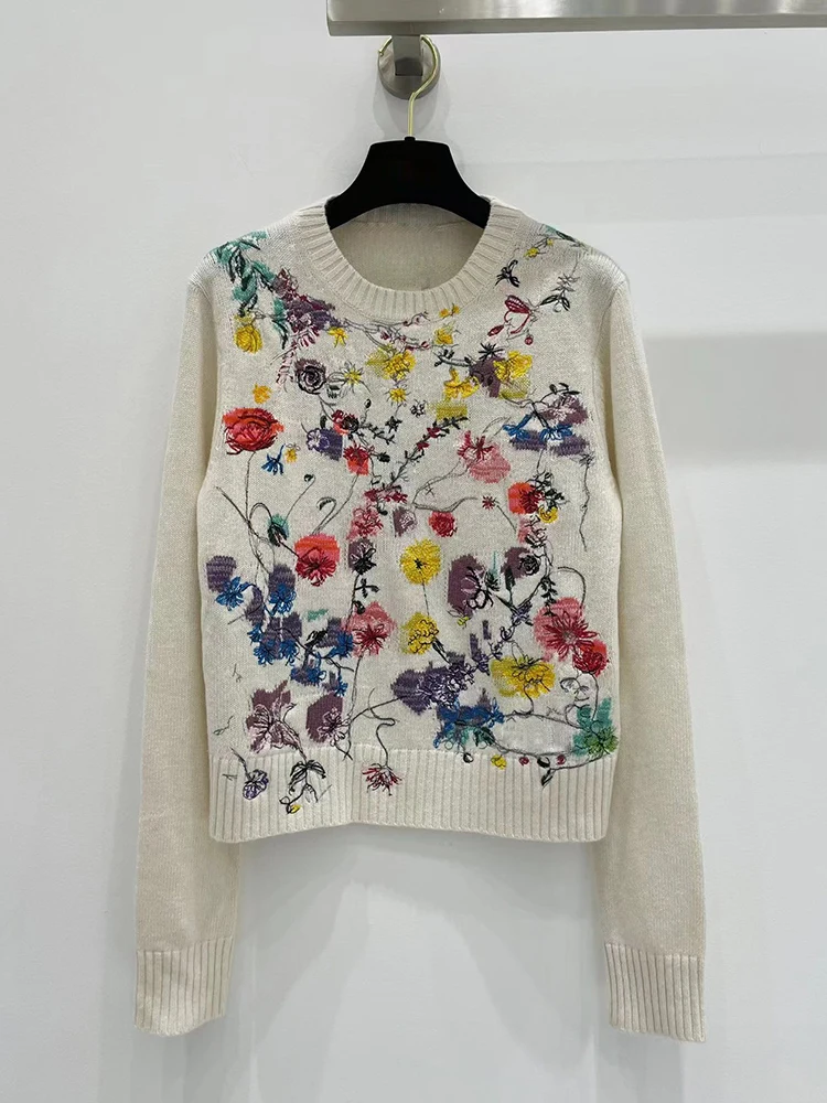 

Heavy craft embroidery flower and bird pattern cashmere sweater women's new autumn fashion all-match knitted crew neck jumper
