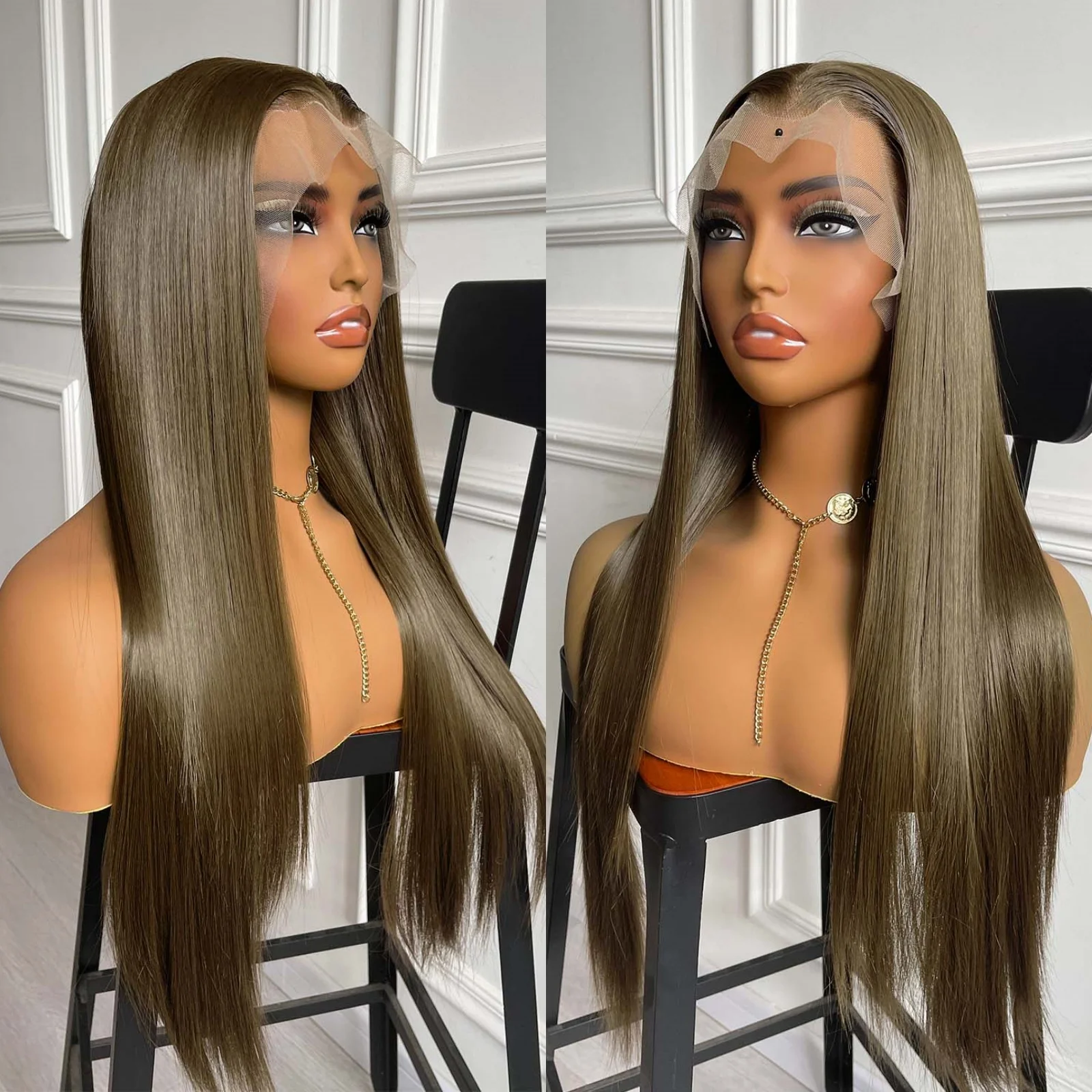 Synthetic Wig 13X4 Long Straight Synthetic Hair Lace Front Wig Natural Brown Brunette Colored Lace Frontal Wigs for Women