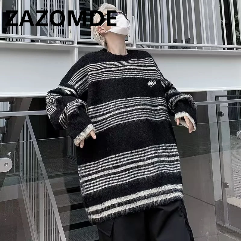 ZAZOMDE Autumn Winter Vintage Stripe Knitted Sweaters Embroidery Simple Sweater Pullover Loose High Street Pullover Harajuku Men