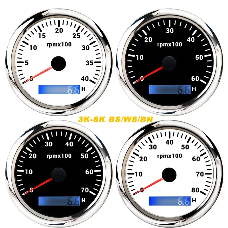 7 Color Backlight 85mm Tachometer For Marine Boat Motorcycle Car 3000 4000 6000 7000 8000 RPM Tacho Gauge With LCD Hourmeter