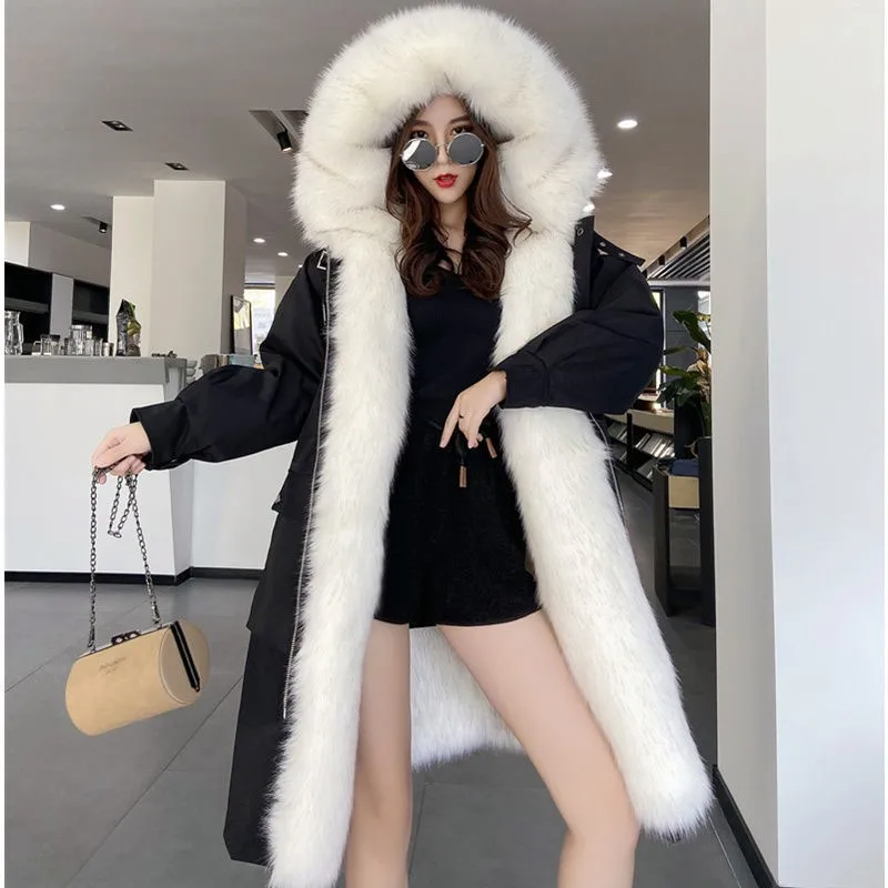 Fashion New Long Sleeve Hooded Women's Detachable Fox Fur Jackets 2023 Winter Commuter Style High-End Mid-Length Warm Fur Coats