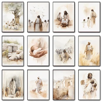 Bible Scenes Poster Jesus on The Path Teaching Child Walking on Water Canvas Paintings Wall Art HD Picture Home Decor Frameless 1