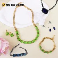 New Original 2025 High Jewelry Set Luxury Green Blue Chain with Crystal Necklace Earrings Bracelet Ring Women's Party Accessorie