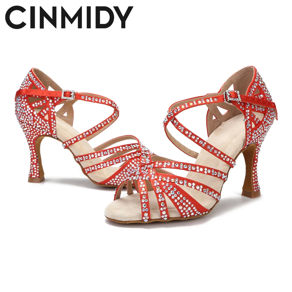 CINMIDY Rhinestones Dance Shoes Woman Party Satin Dance Shoes  Ballroom Red Latin Dance Shoes Women Soft Bottom Wedding Sandals 4