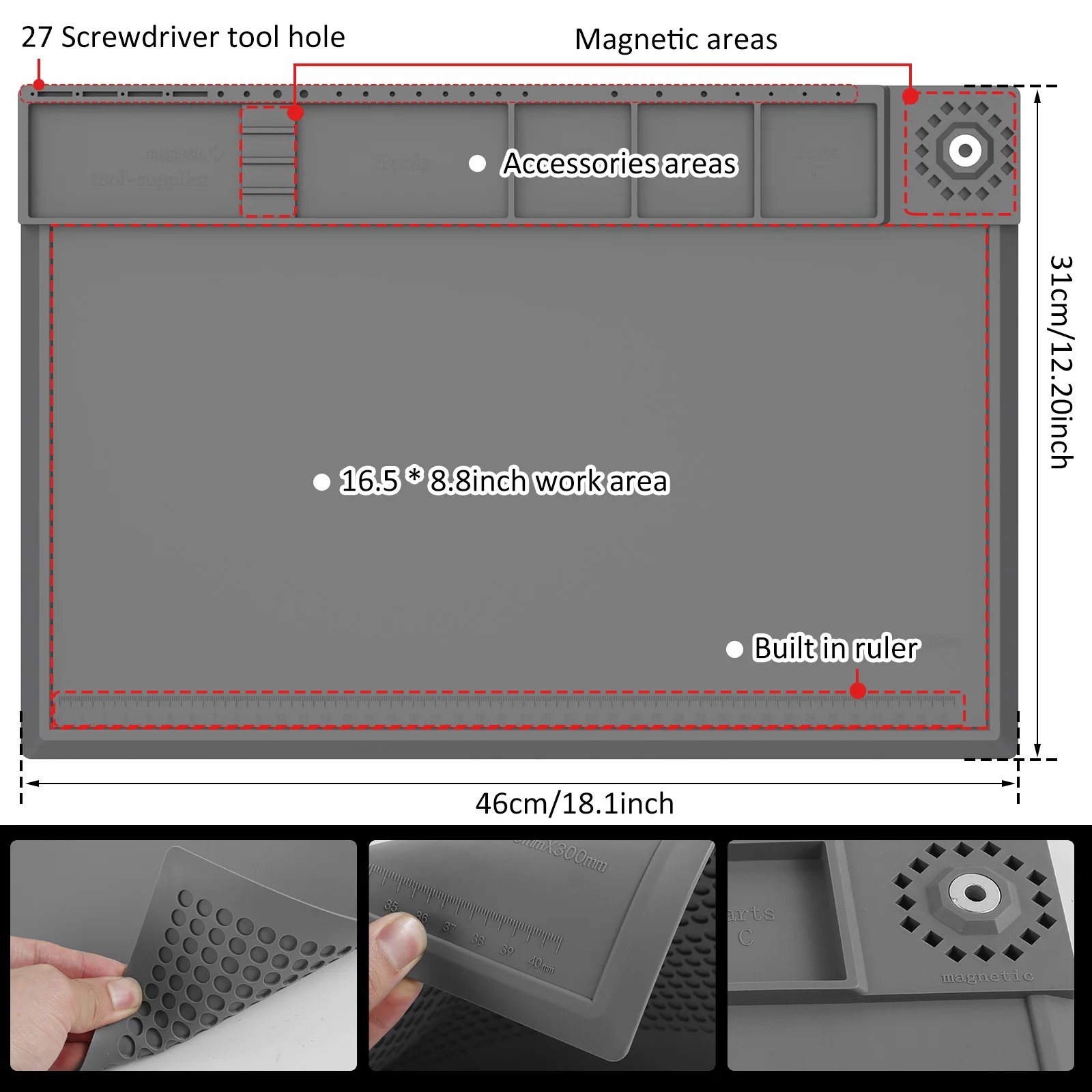 Silicone Repair Pad 932&deg;F Heat-Resistant Soldering Mat Waterproof Electronic Repair Work Mat Magnetic Part Area esd repair mat