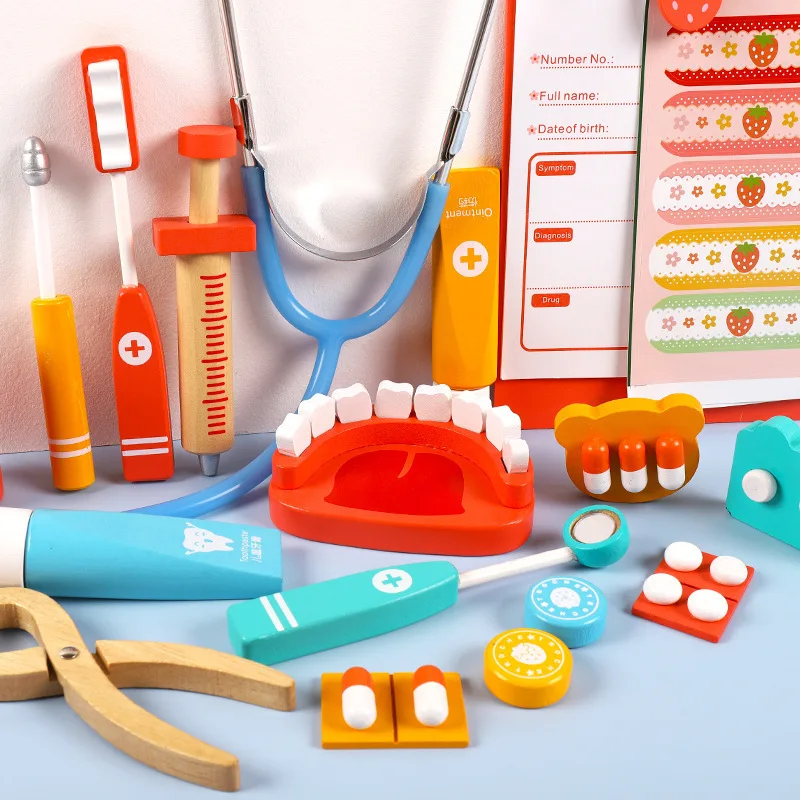 Children Pretend Play Doctor Dentist Simulation Injection Stethoscope Tool Set Wooden Early Education Birthday Gift for Kids 4
