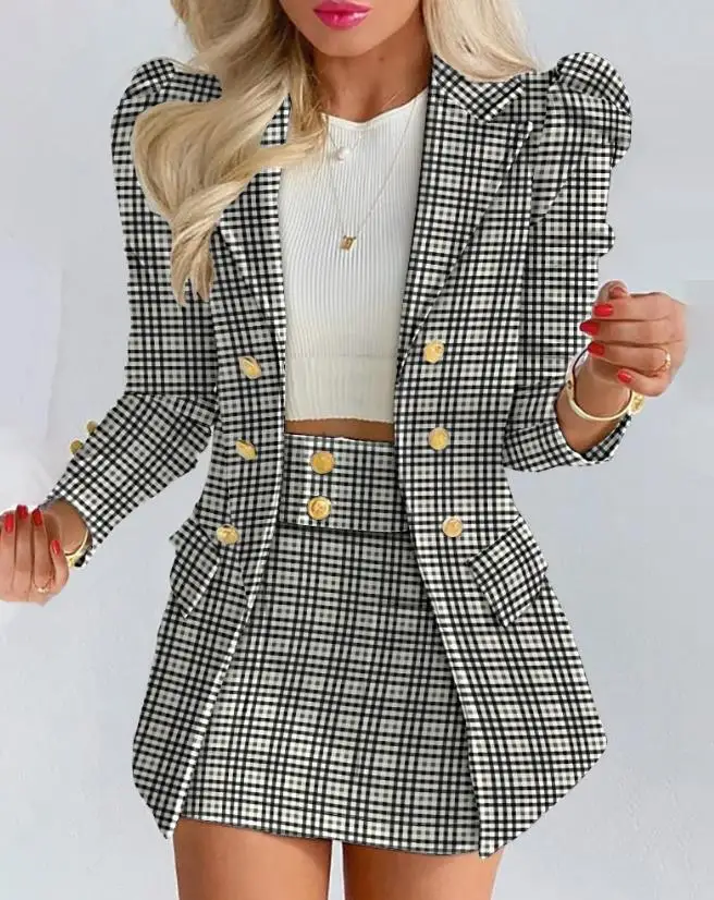 

Two Piece Set Women Outfit 2023 Autumn New Elegant Commuting Plaid Print Puff Sleeve Buttoned Blazer Coat & Skirt Set