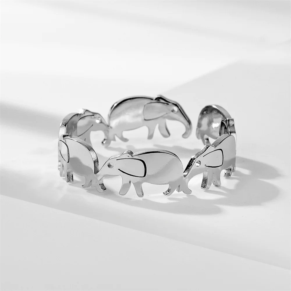 Baby Elephant Head-Tail Cycle Ring Open Adjustable Stainless Steel women men Elegant Ring Birthday Wedding Jewelry gifts 3