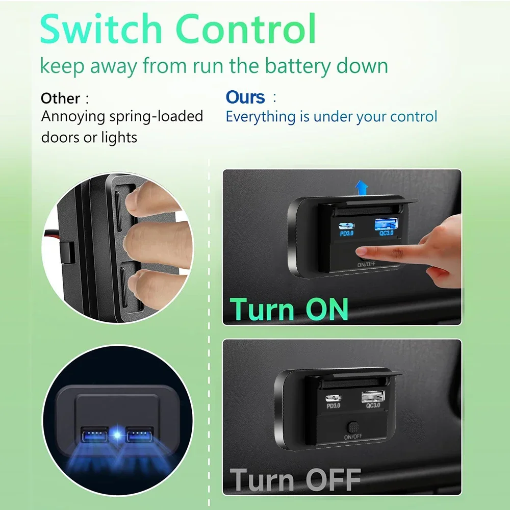 12V RV 타입 C USB 콘센트 (전원 스위치 포함) 36W QC3.0 USB 55W PD 타입 C 고속 충전 소켓 (오토바이용 방수 커버 포함)