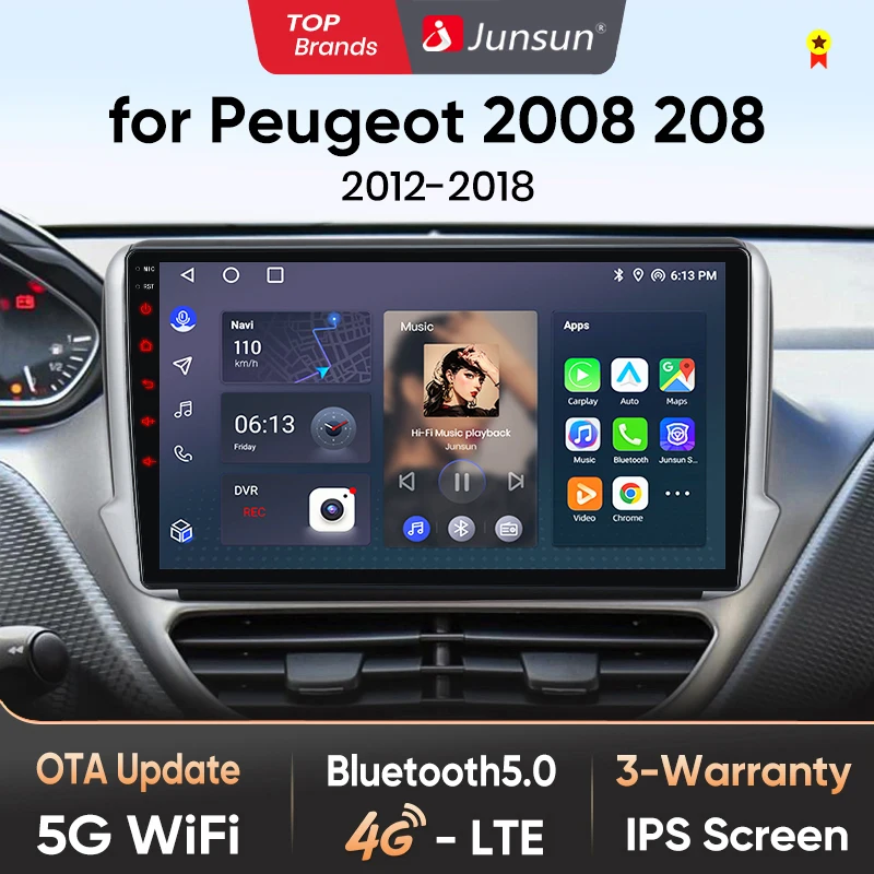 Junsun AI 4G LTE Wireless CarPlay Android Auto Car Radio For Peugeot GPS Navi BT DSP RDS FM