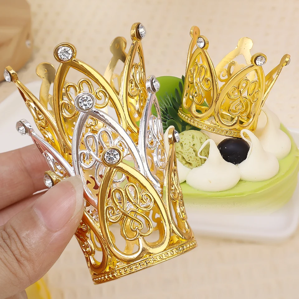 6 Mini Topper Per Torta A Forma Di Corona - Oro E Argento Con Strass E Perle - Decorazioni Per Cupcake, Compleanno E Matrimonio