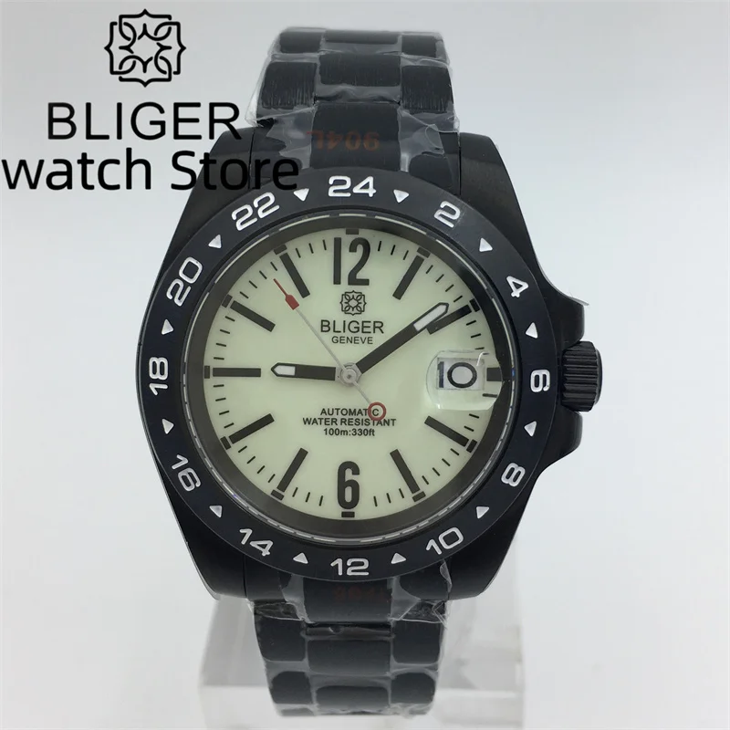 

BLIGER Casual Fashion 40mm NH35 Black Men's watch automatic mechanical movement sapphire glass dial bright green black bracelet