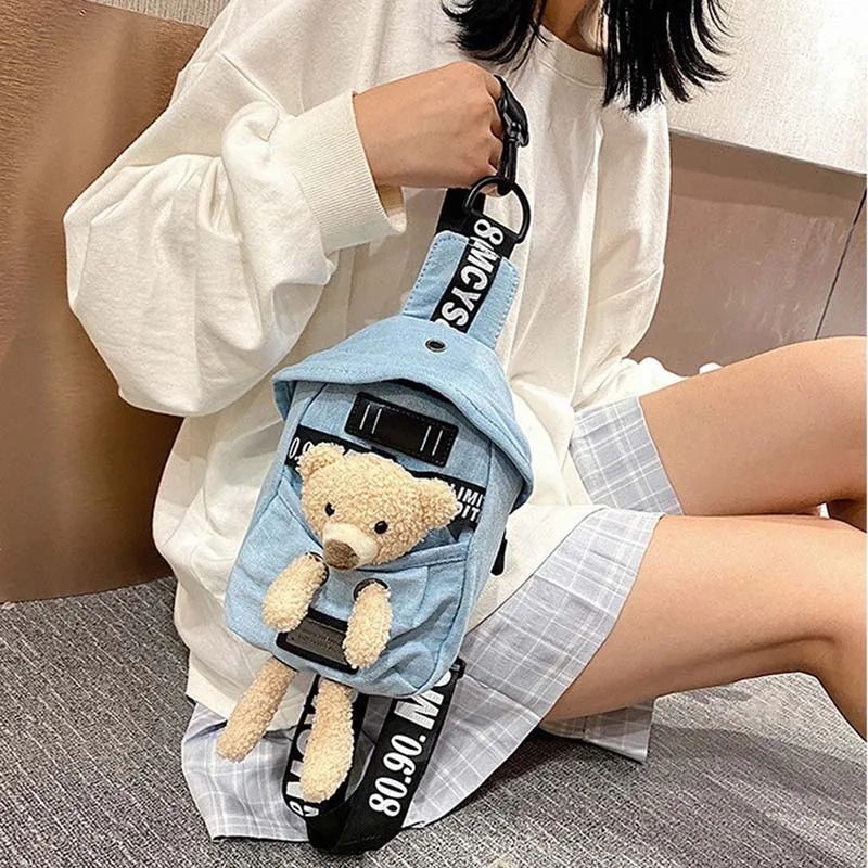 Cute bear canvas shoulder bag with adjustable strap, plush bear accent, and casual design for girls, women, and kids