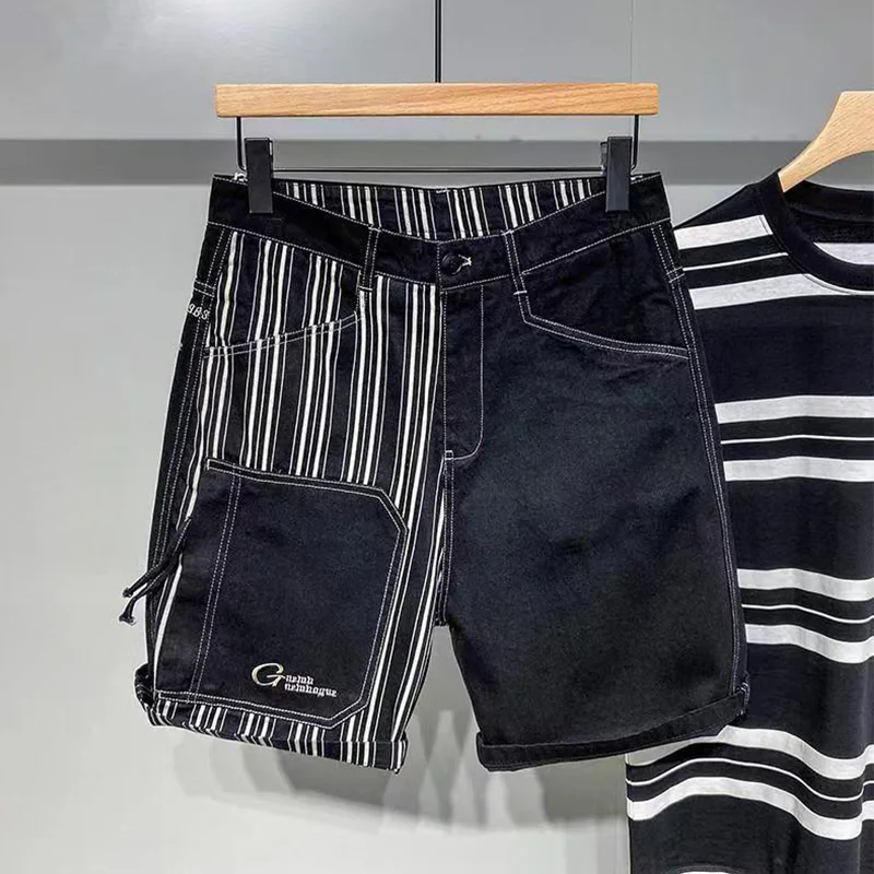 2024 New Summer Irregular Retro Loose Casual Men's Wear Handsome Striped Splicing Pockets Polyester Folds Chic Y2K Knee Length