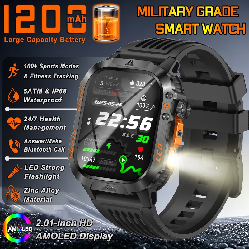 2026 New 1200 mAh Battery Military Smart Watch GPS Path 5ATM Waterproof Sports Run Tracker Outdoors Fitness Military Smartwatch 1