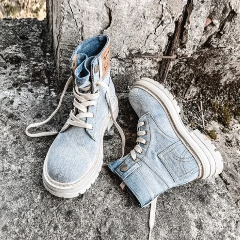 2023 New Retro Ankle Boots for Women's Lace Up Thick Sole Shoes