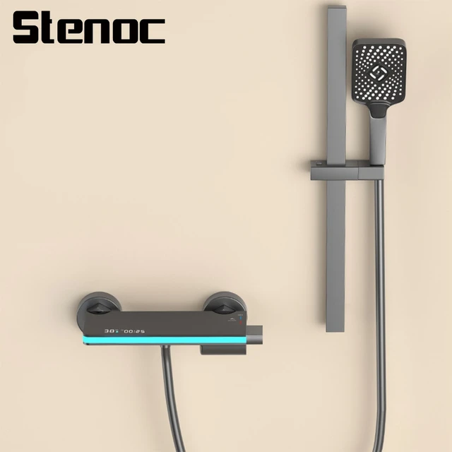 ปืนสีเทาห้องน้ําอ่างอาบน้ําก๊อกน้ําก๊อกน้ําชุดติดผนังทองเหลืองน้ําตกอ่างอาบน้ําก๊อกน้ําแบบใช้มือถือ 1