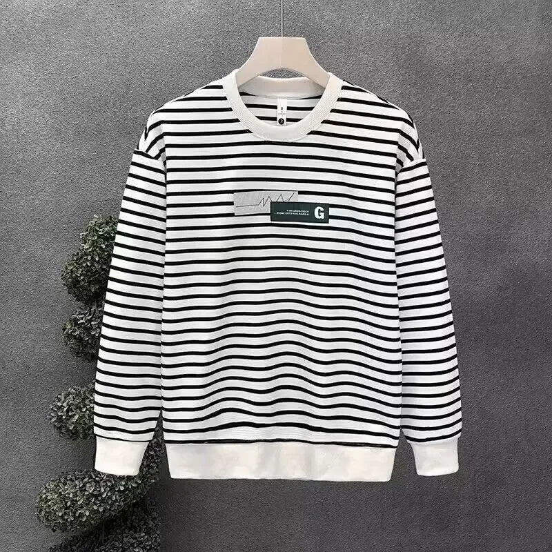 thumbnail image 1 of Camiseta para hombre, sudadera de manga larga a rayas, capa base, citas de diseñador, ropa Y2k, jersey de poliéster de elasticidad normal para hombre, 1 of 5