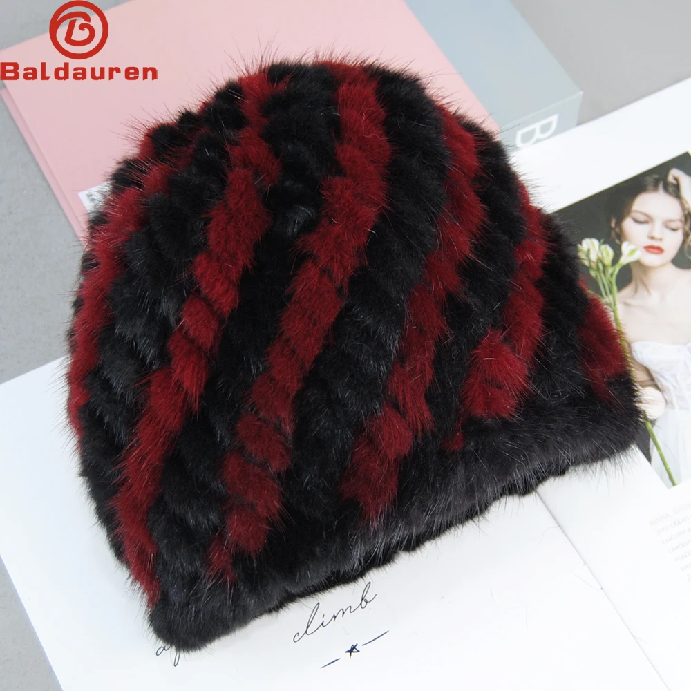 

Русская Новинка, зимние женские шапочки из натурального меха норки, шапка, вязаные теплые полосатые шапки из натурального меха норки, женские эластичные шапки