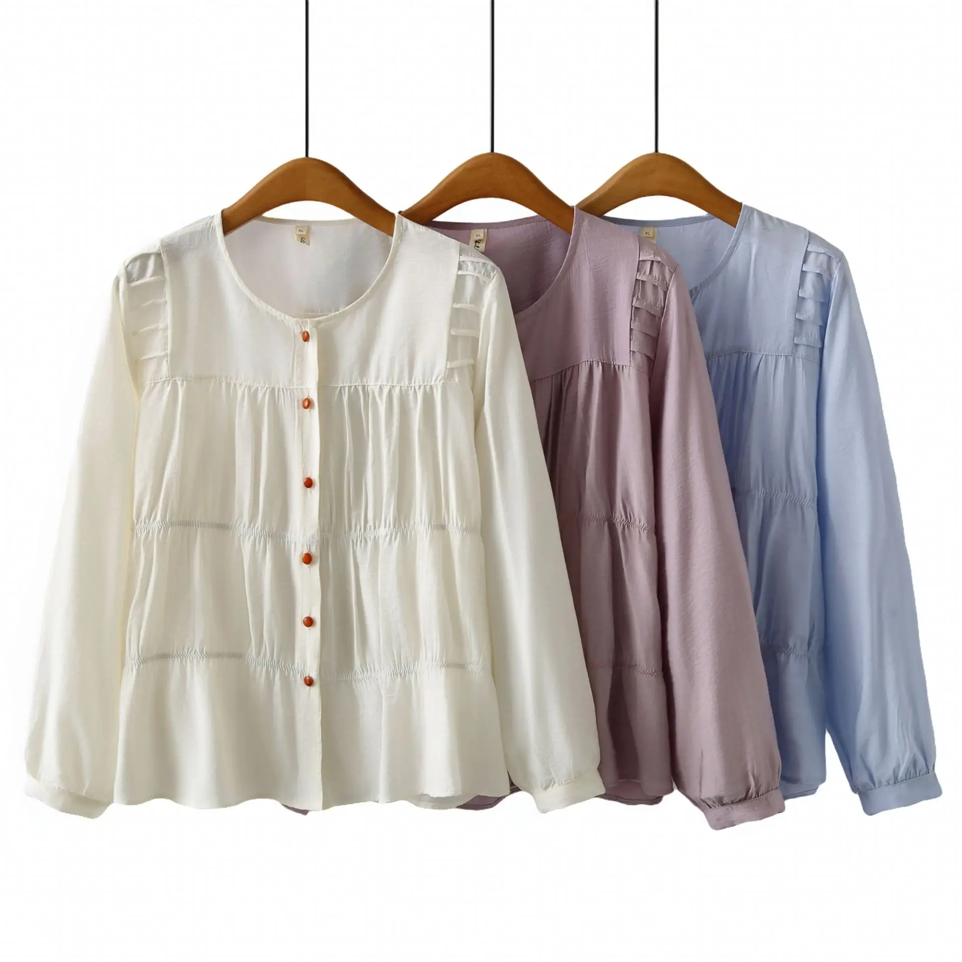 Plus Size Women's Blouses Autumn New Fold Design Patchwork Long Sleeve O-Neck Solid Color Shirt 2513