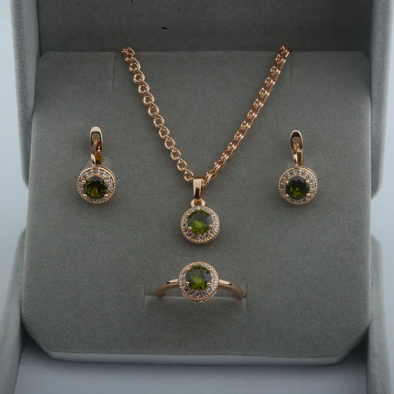 Elegant Green and Pink Stone Rose Gold Jewelry Set with Cubic Zirconia