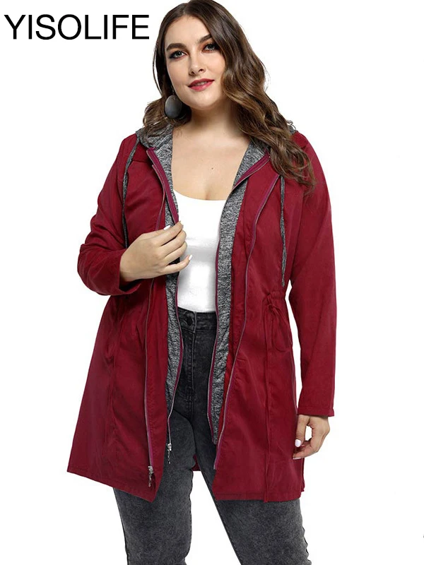 YISOLIFE Women's Clothing Mid-length Windbreaker Slim Fit Trench Fake Two Jackets Female Large Size With Hood Cotton Casual Coat | Женская