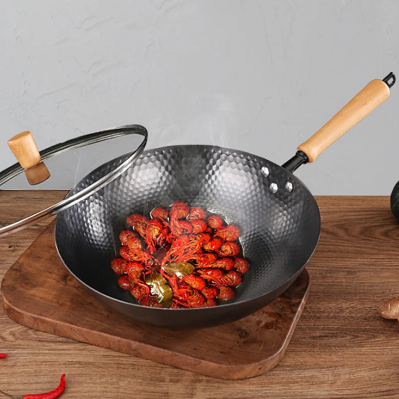 Poêle à frire universelle avec couvercle en fer, wok de cuisson antiadhésif,  revêtement antiadhésif, manche en bois - AliExpress