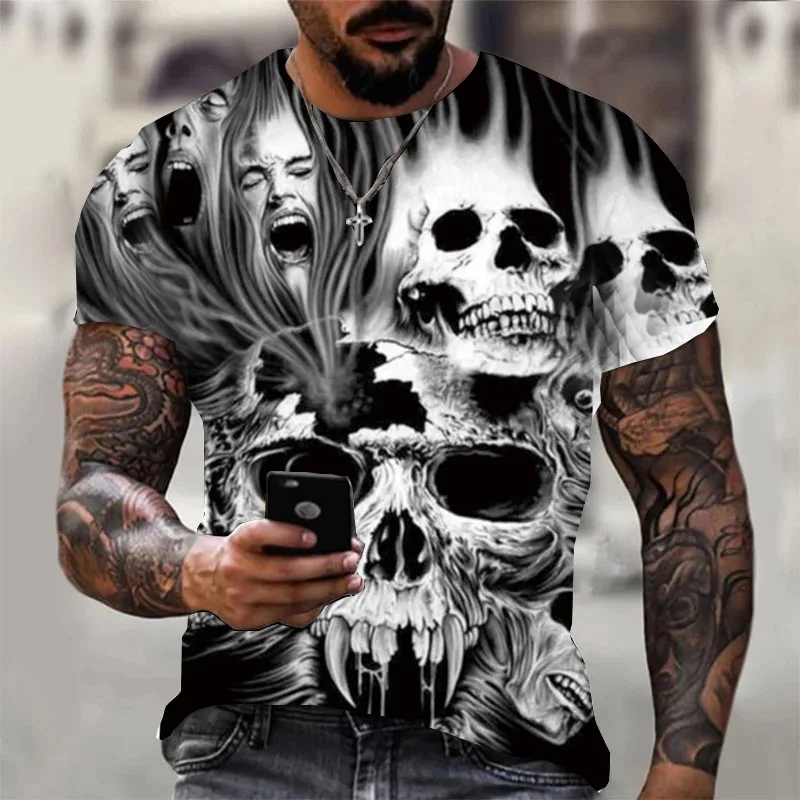 

Summer 2023 New Skull Breathable T-shirt Punk Rock Short Sleeve 3d Printed Retro Gothic Men's Apparel Cool Y2k