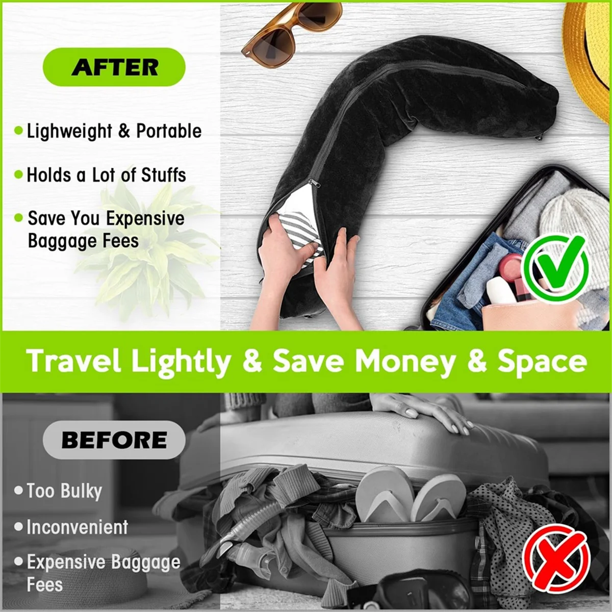 Travel Neck Pillow Stuffable with Clothes,Stuffable Neck Pillow for Traveling,Fillable Neck Pillow Extra Storage Black 6