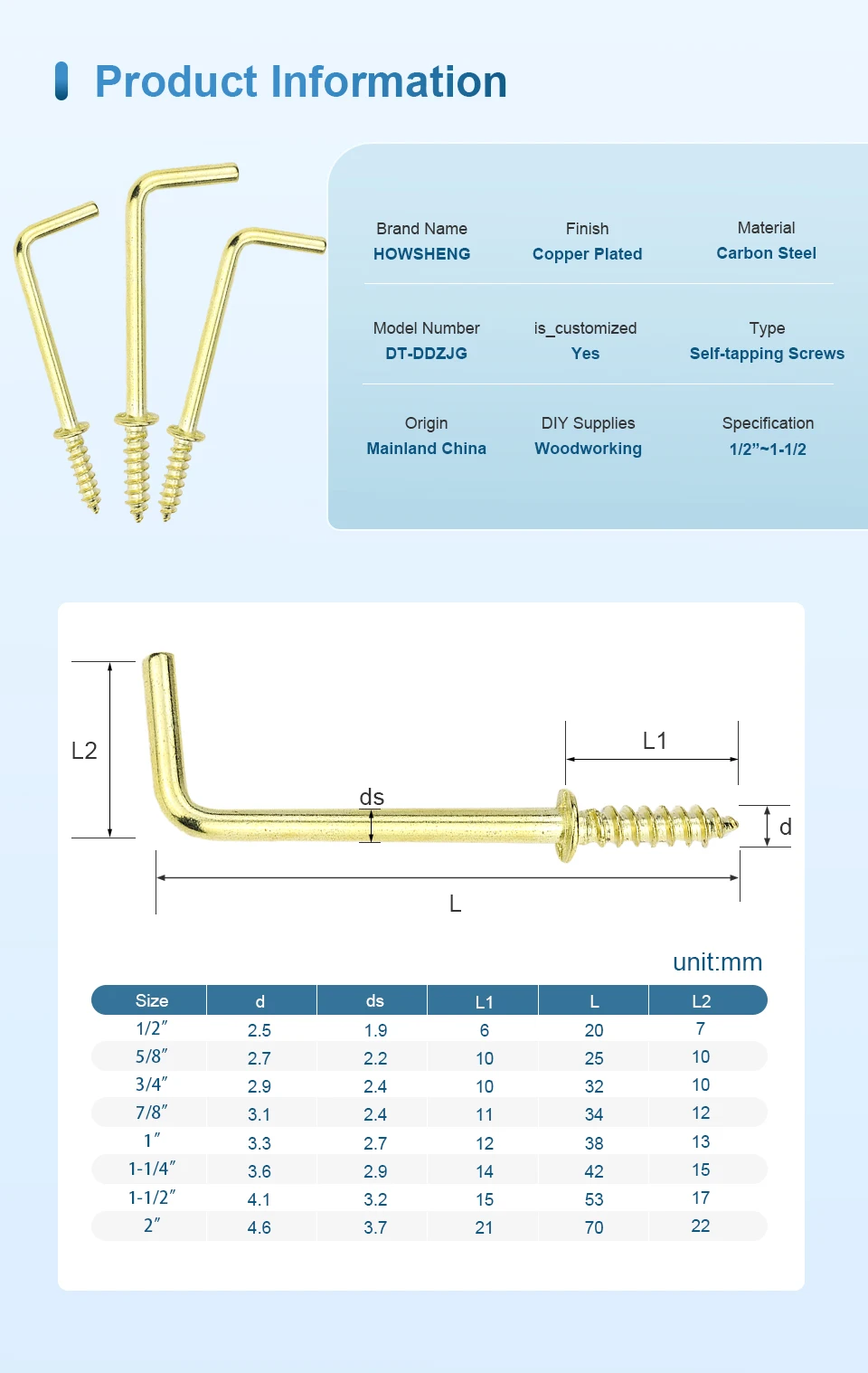 HOWSHENG 10–30 Stück L-förmige rechtwinklige Schraubhaken, 1/2 Zoll ~ 2 Zoll, verkupferte Hängehakenschrauben für Heimwerker – Detail 3