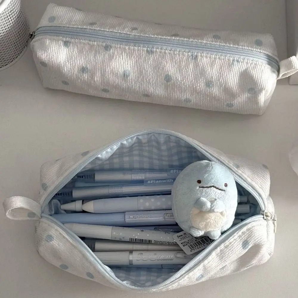 휴대용 크림 컬러 연필 케이스 다기능 폴카 도트 문구 보관 가방 대용량 펜 가방 학생 선물